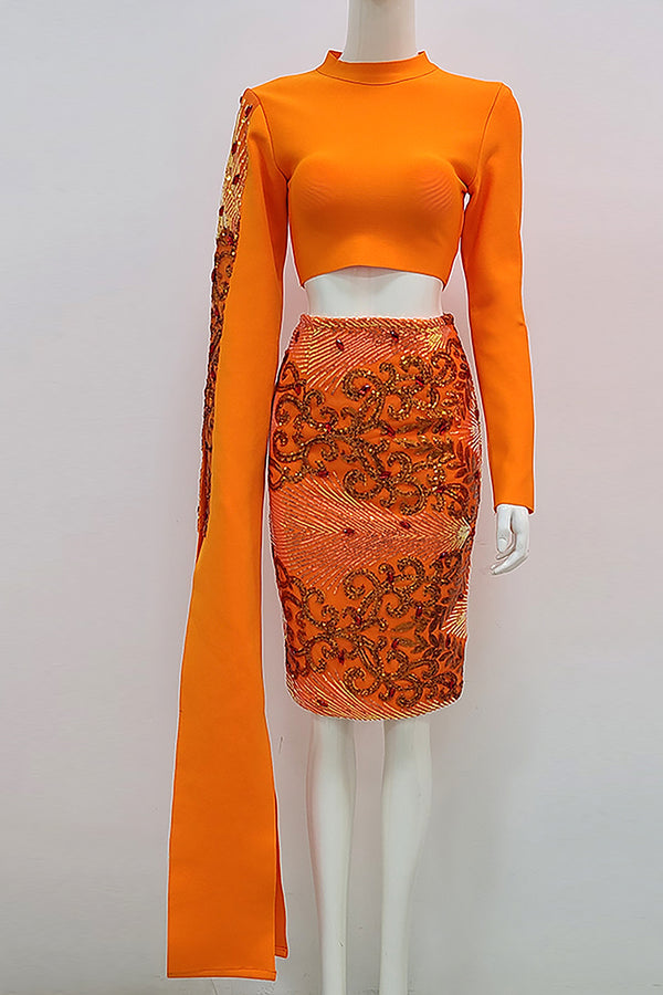 Orange Glam Luxury Sparkly Beaded Sequins Two Piece Dress - Chicida