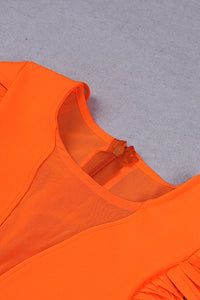 Orange O-neck Mesh Sheer Tassel Bandage Dress - Chicida