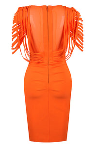 Orange O-neck Mesh Sheer Tassel Bandage Dress - Chicida