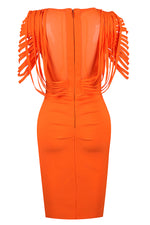 Orange O-neck Mesh Sheer Tassel Bandage Dress