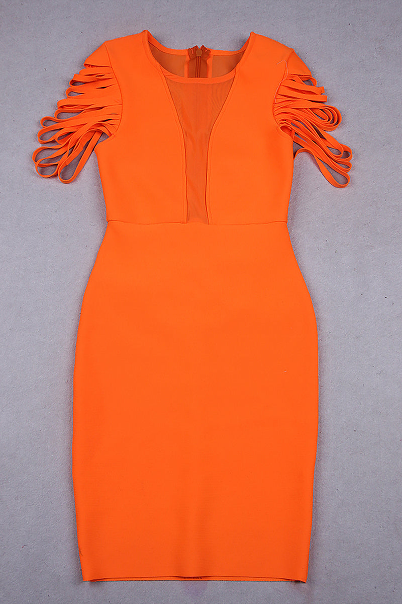 Orange O-neck Mesh Sheer Tassel Bandage Dress
