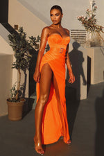 Orange Strapless Side Slit Satin Maxi Dress - Chicida