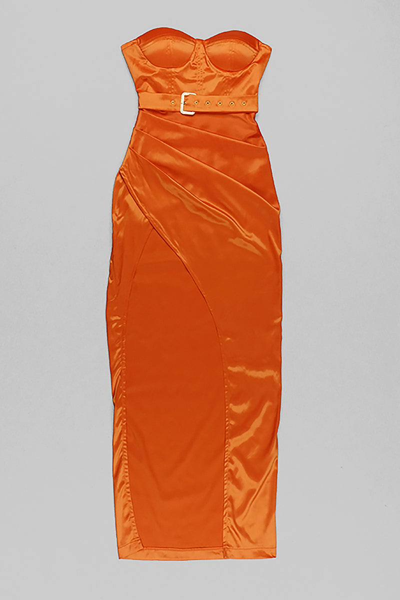 Orange Strapless Side Slit Satin Maxi Dress - Chicida