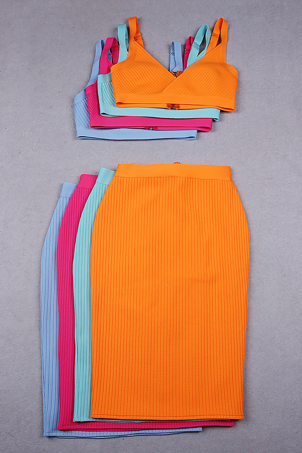 Strappy V Neck Bandage Top Skirts Two Piece Sets In Rose Pink Orange Sky Blue Light Green - Chicida