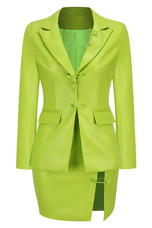 Conjunto de falda y blazer de chaqueta de PU Conjunto de dos piezas en verde fluorescente