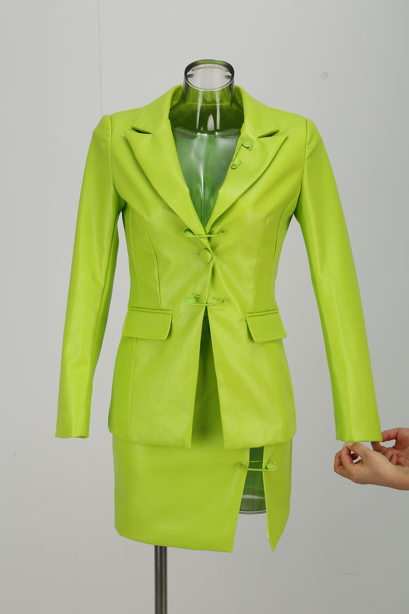 PU Jacket Blazer And Skirt Set Two Piece Set In Fluorescent Green