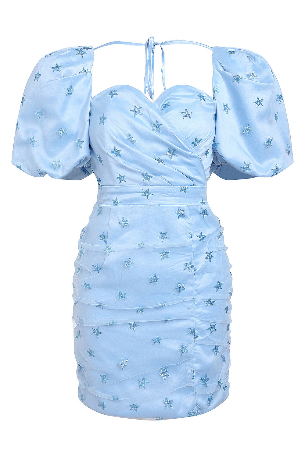 Pentagram Print Puff Sleeves Draped Skinny Mini Dress In Sky Blue
