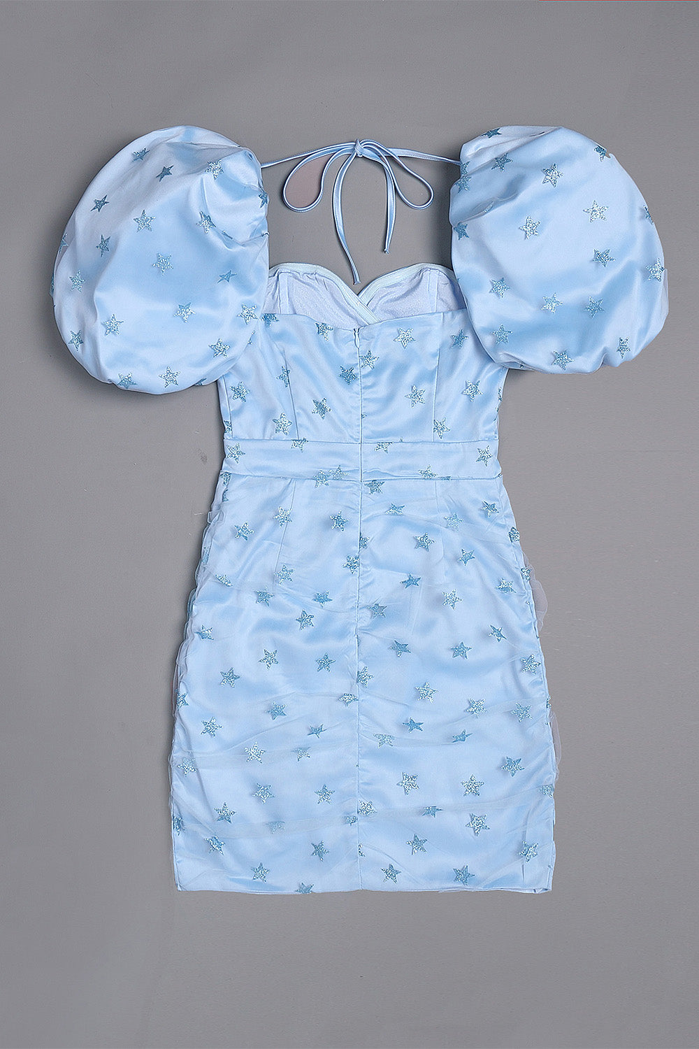 Minivestido ajustado drapeado con mangas abullonadas y estampado de pentagrama en azul cielo