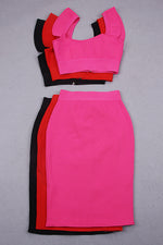 Two Peice Bandage Set Square Neck Top high Waist Skirts In Greeen Red Pink Black