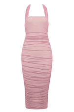 Pink Halter Sleeveless Mesh Bodycon Pleated Dress - Chicida