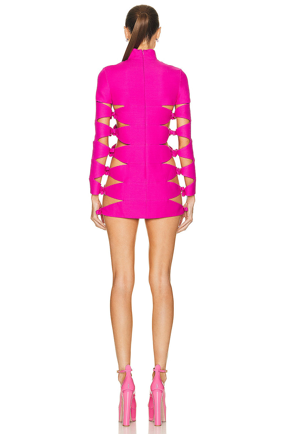 Long Sleeve Hollow Out Mini Bandage Dress In Pink