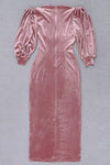Pink Velvet Round Neck Lantern Sleeve Slits Dress - Chicida