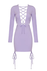 Long Sleeve Hollow out Lace Up Dresses In Black Purple - Chicida