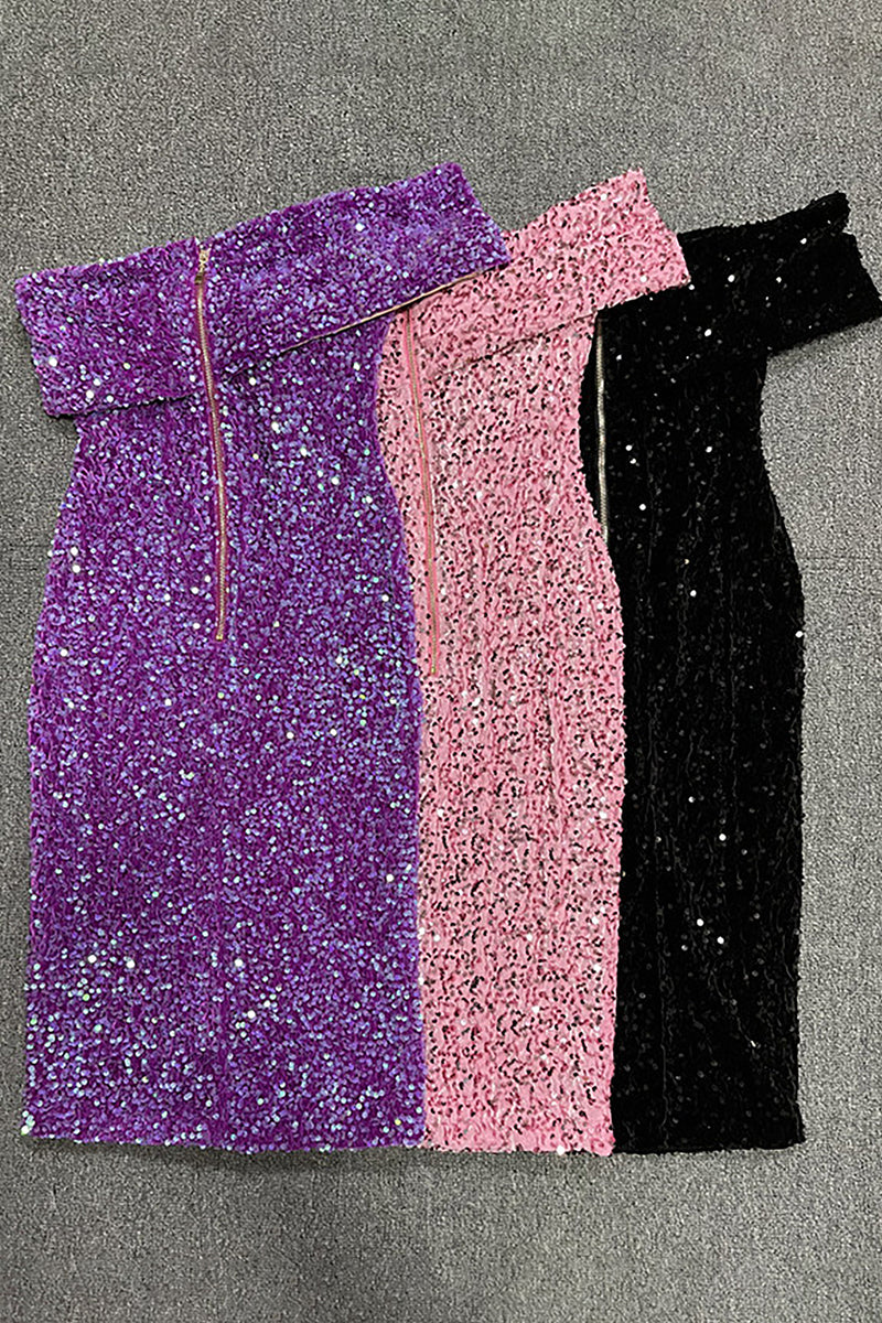 Purple Sequins Shiny One Shoulder Midi Dress In Black Pink Purple - Chicida