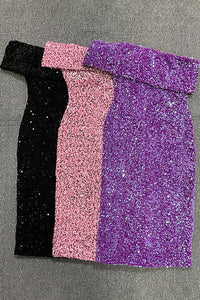 Purple Sequins Shiny One Shoulder Midi Dress In Black Pink Purple - Chicida