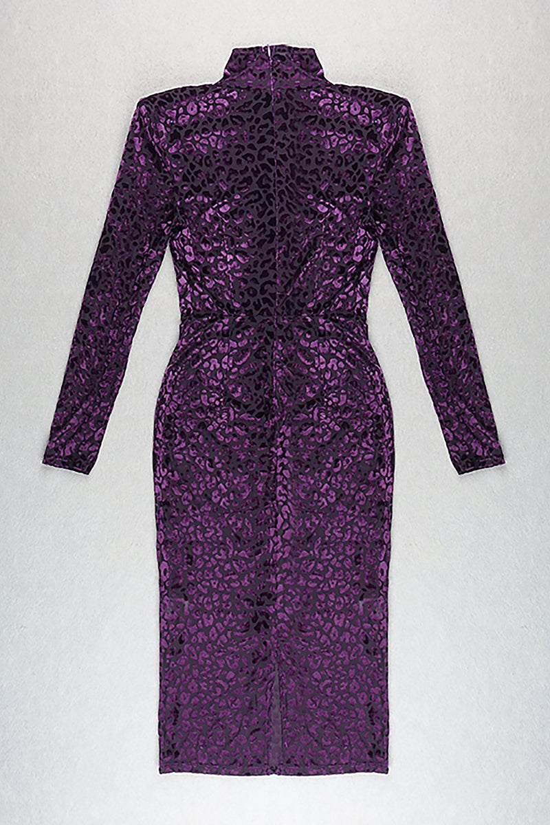 Purple Turtleneck Leopard Long Sleeve Midi Dress - Chicida