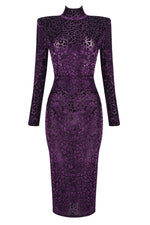 Purple Turtleneck Leopard Long Sleeve Midi Dress - Chicida