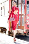 Red Backless Bow Pleated Long Sleeve Bandage Dress - Chicida