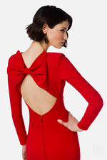 Red Backless Bow Pleated Long Sleeve Bandage Dress
