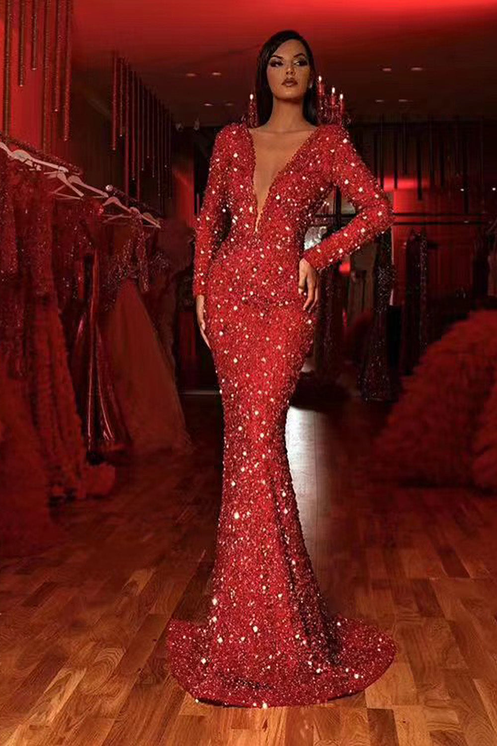 Red Deep V-neck Slim Sparkling Sequin Fishtail Dress - Chicida