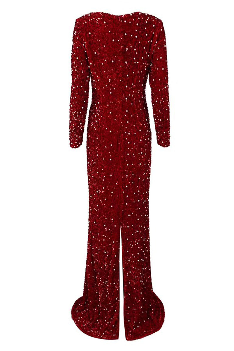 Red Deep V-neck Slim Sparkling Sequin Fishtail Dress - Chicida
