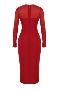 Red Hollow Long Sleeve Midi Bandage Dress - Chicida