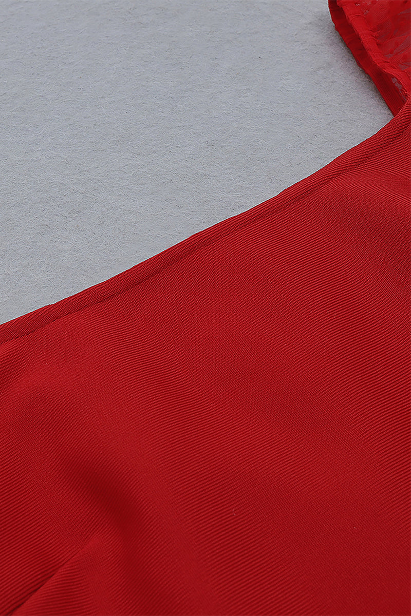 Red Lace Dot Long Sleeve Bodycon Bandage Dress - Chicida