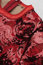 Round Neck Waist Sequin Bandage Long Sleeve Bodycon Jumpsuit - Chicida