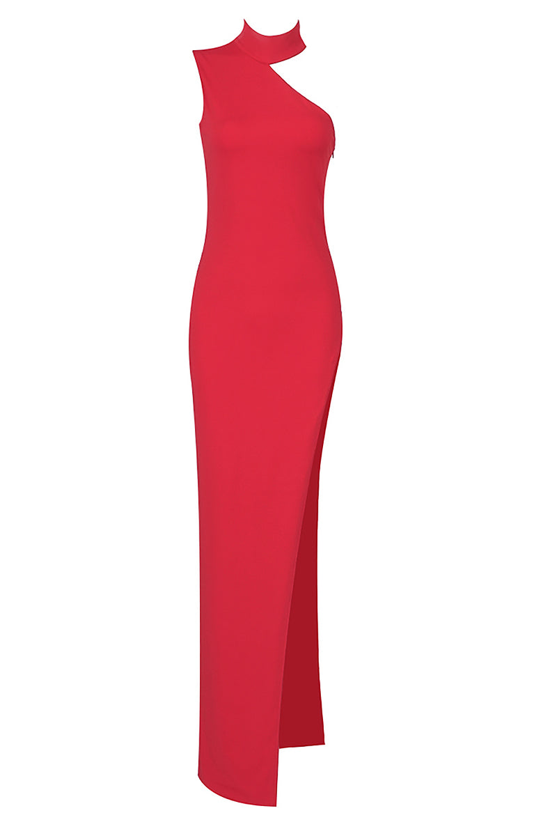 Red O Neck One Shoulder Sleeveless High Split Maxi Dress