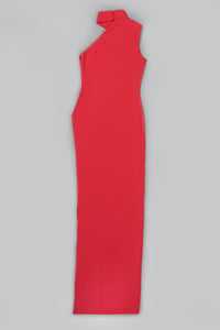 Vestido largo con cuello en O y un hombro sin mangas con abertura alta rojo