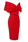 Red Off Shoulder V Neck With Belt Bodycon Dress