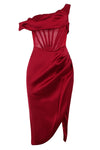 Red One-Shoulder Backless Draped Split Dress - Chicida