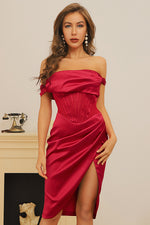Red One-Shoulder Backless Draped Split Dress - Chicida
