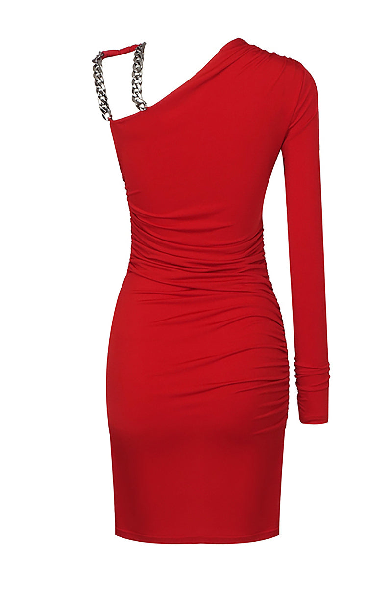 Red One Shoulder Ruched Chain Long Sleeve Mini Dress
