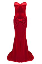 Red Satin Bustier Gown Accented With Crepe Skirt