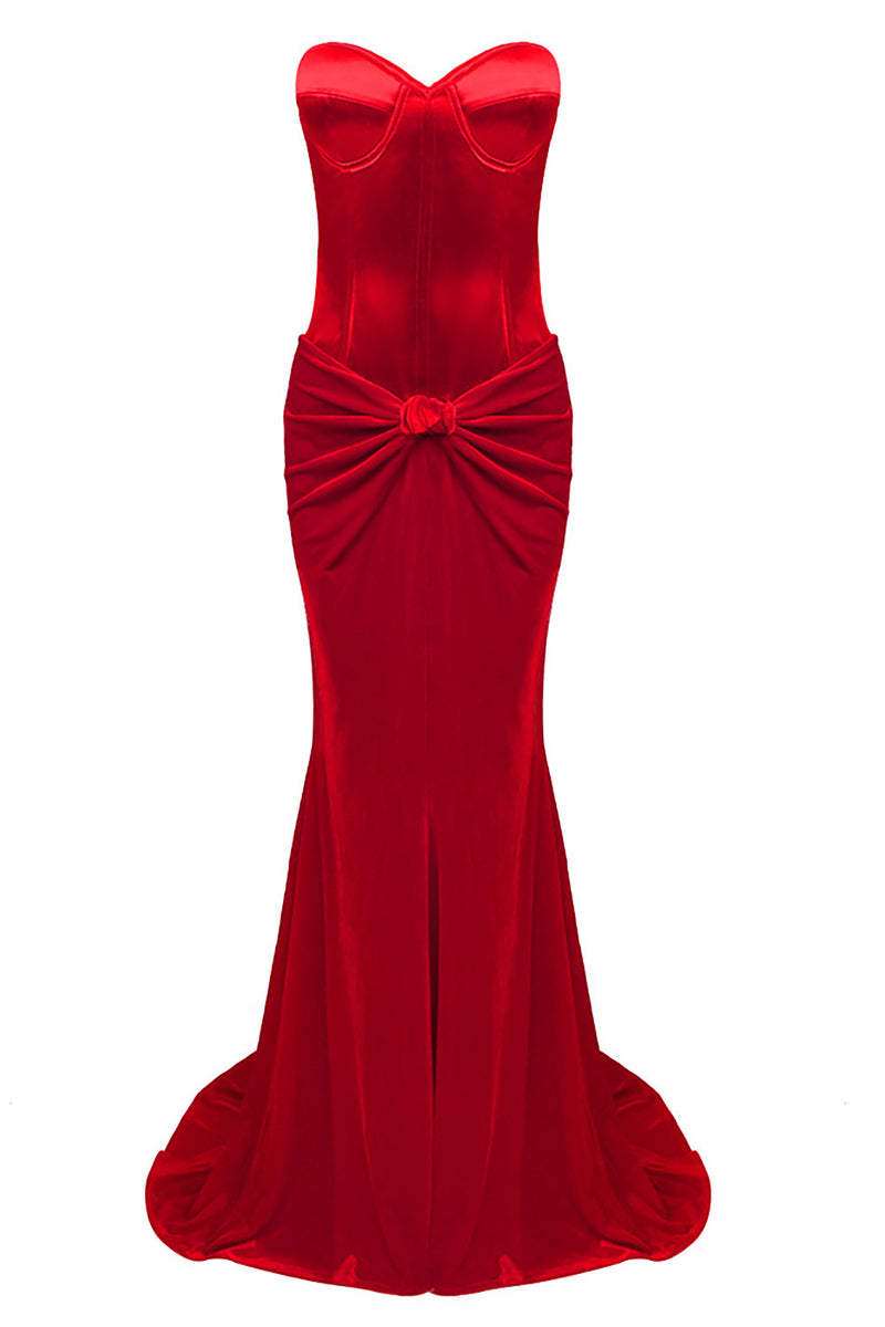 Red Satin Bustier Gown Accented With Crepe Skirt