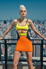 Red Yellow Black Patchwork Cut Out Mini Bandage Dress