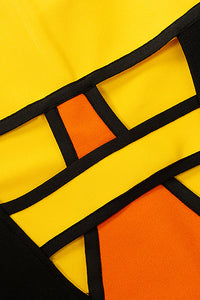 Minivestido Bandage con recortes de retazos, rojo, amarillo y negro