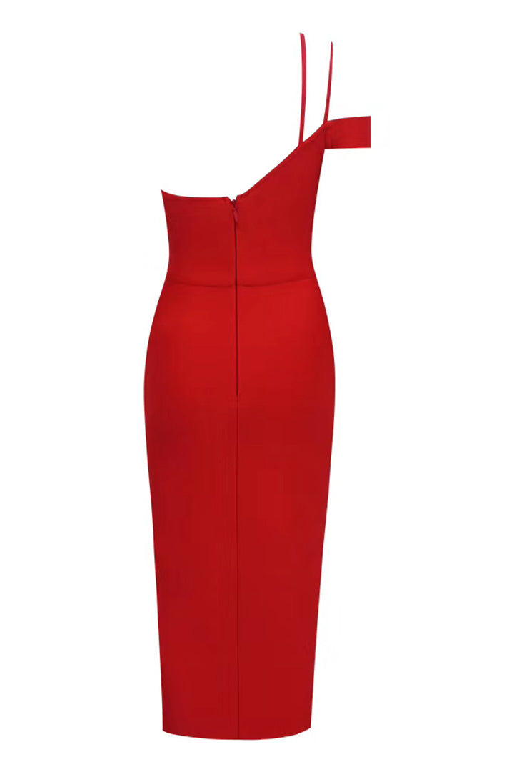 Red One Shoulder Strappy Bandage Dress - CHICIDA