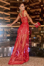 Red Spaghetti Strap Lace Bandage Dress - CHICIDA