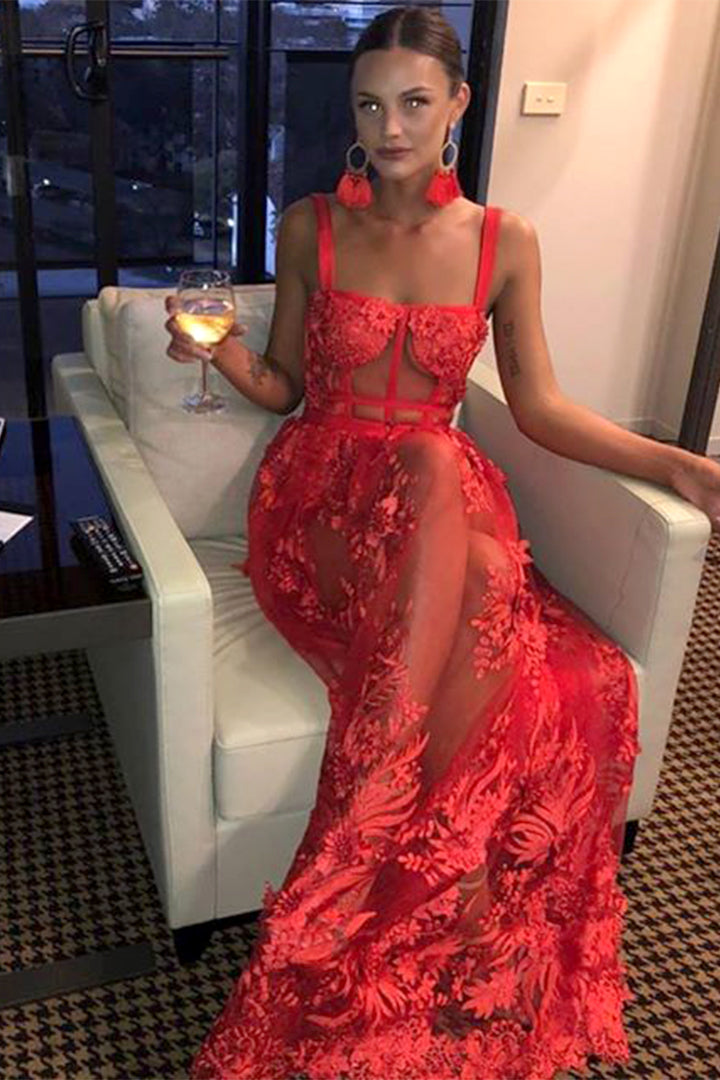 Red Spaghetti Strap Lace Bandage Dress - CHICIDA
