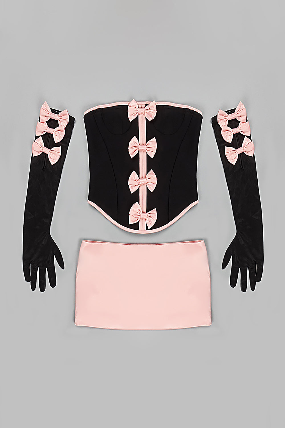 Rocks Bow-Lined Corset Top And Mini Skirt and Sheer Gloves