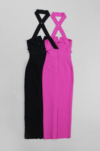 Vestido largo ajustado con escote desmontable, sin mangas, color rosa, rojo, negro y blanco