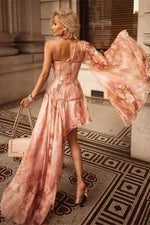 One Shoulder Rose Silk Printed Dress - Chicida