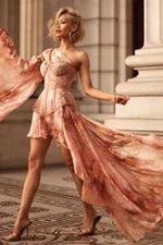 One Shoulder Rose Silk Printed Dress - Chicida