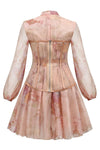 Printed Puffes Long Sleeve Rose Silk Dress - Chicida