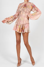 Printed Puffes Long Sleeve Rose Silk Dress - Chicida