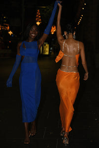 Satin Crystal Chain Two Piece Crop Top Dress Suits In Orange