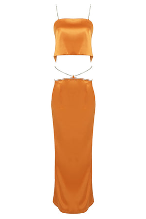 Trajes de vestir de dos piezas con top corto y cadena de cristales de satén en naranja