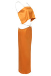 Satin Crystal Chain Two Piece Crop Top Dress Suits In Orange